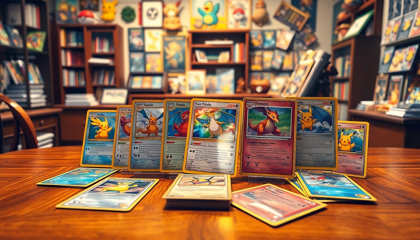 Showcase real Pokemon cards displayed on a wooden table, highlighting rare holographic features.