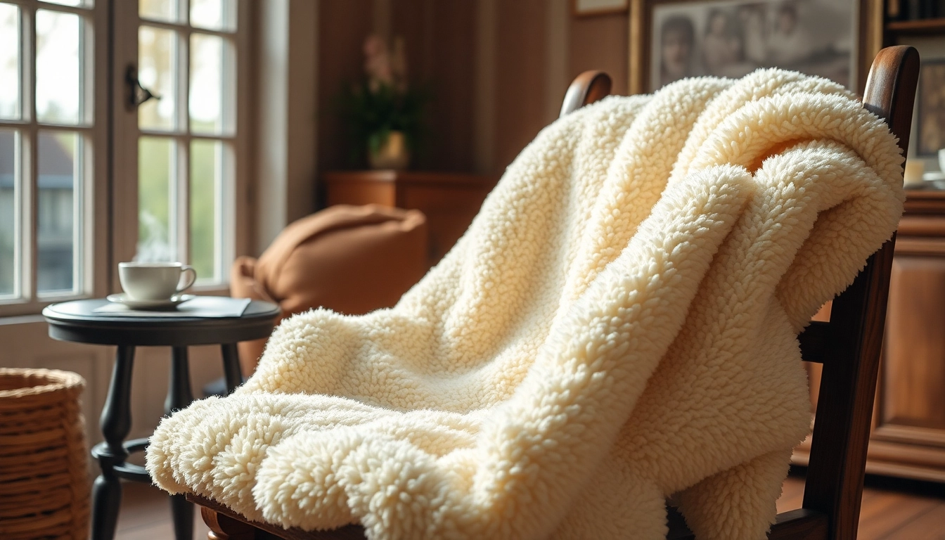 Fleece deken kunstzinnig gedrapeerd op een houten stoel in een warme kamer.