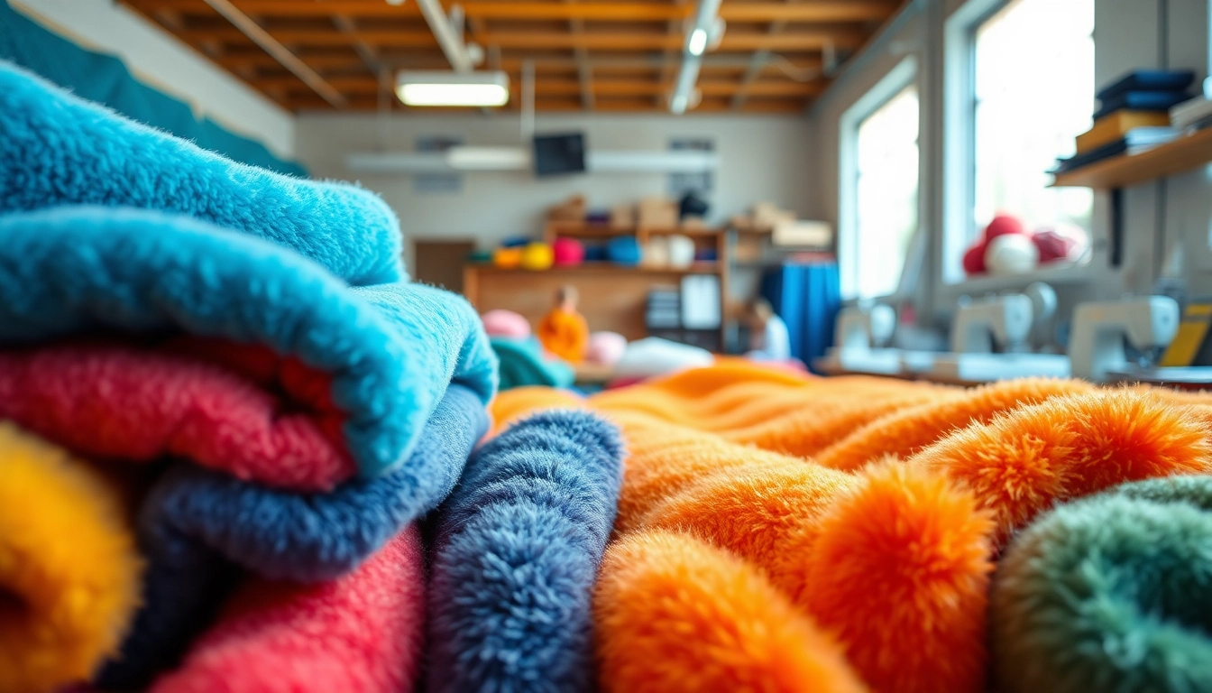 Fleece stoffen in een goed verlichte werkplaats met kleurrijke types fleece