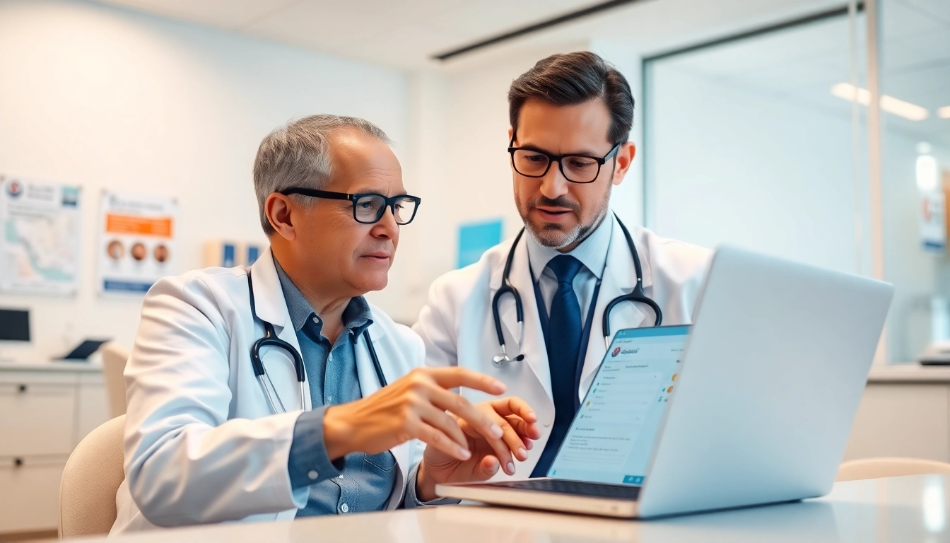 Doctor using eprescribing platforms to enhance patient care in a modern clinic setting.